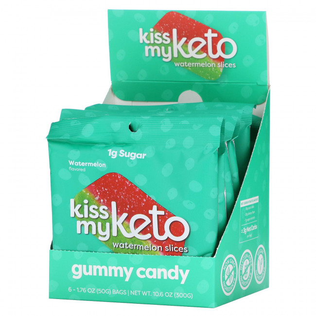 Kiss My Keto, Gummy Candy, арбуз, 6 пакетиков по 50 г (1,76 унции) Kiss My Keto, Gummy Candy, арбуз, 6 пакетиков по 50 г (1,76 унции)