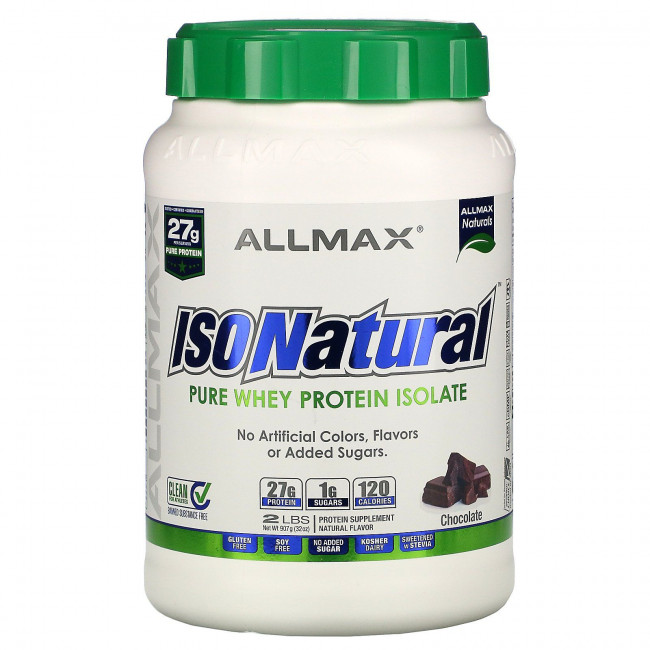 ALLMAX Nutrition, IsoNatural, 100% ультра-чистый натуральный изолят сывороточного белка, шоколадный, 2 фунтов (907 г) ALLMAX Nutrition, IsoNatural, 100% ультра-чистый натуральный изолят сывороточного белка, шоколадный, 2 фунтов (907 г)