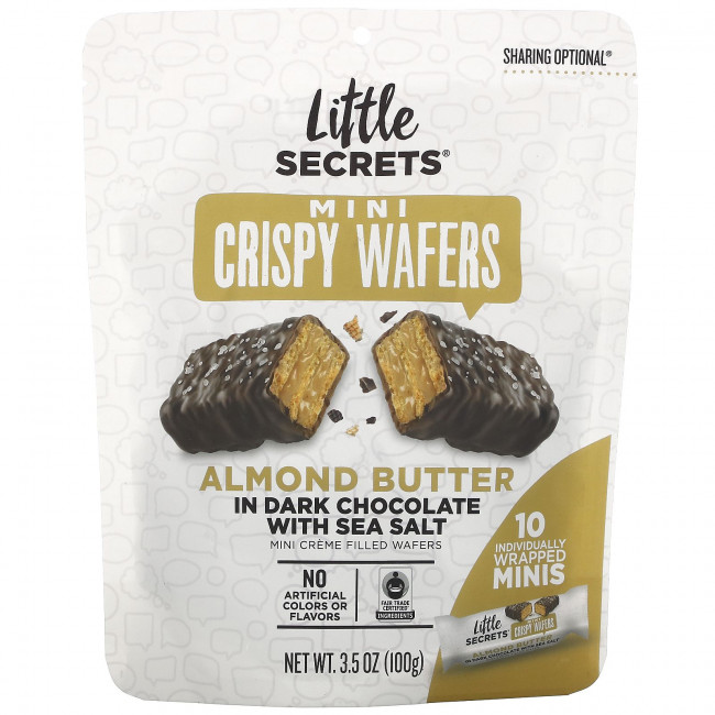 Little Secrets, Mini Crispy Wafers, миндальное масло в темном шоколаде с морской солью, 10 мини-упаковок в индивидуальной упаковке, 100 г (3,5 унции) Little Secrets, Mini Crispy Wafers, миндальное масло в темном шоколаде с морской солью, 10 мини-упаковок в индивидуальной упаковке, 100 г (3,5 унции)