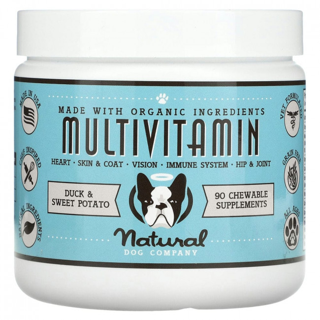 Natural Dog Company, Мультивитамины, для всех возрастов, утка и батат, 90 жевательных таблеток, 284 г (10 унций) Natural Dog Company, Мультивитамины, для всех возрастов, утка и батат, 90 жевательных таблеток, 284 г (10 унций)