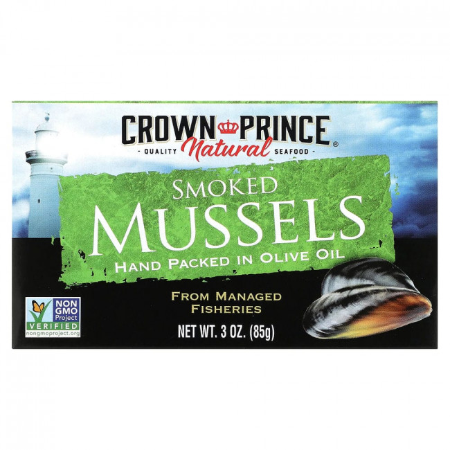 Crown Prince Natural, Копченые мидии, в оливковом масле, 85 г (3 унции)