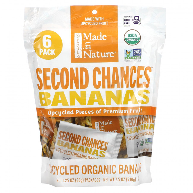Made in Nature, Second Chances Bananas, переработанные органические бананы, 6 пакетиков по 35 г (1,25 унции) Made in Nature, Second Chances Bananas, переработанные органические бананы, 6 пакетиков по 35 г (1,25 унции)