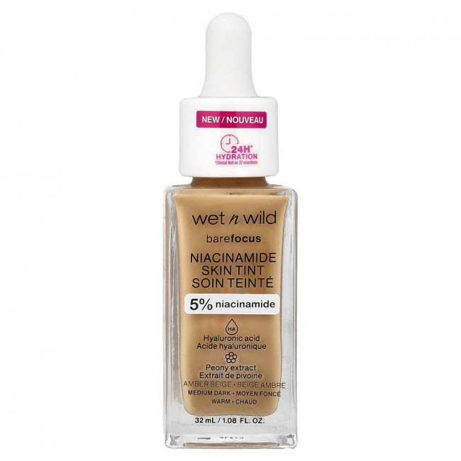 wet n wild, Barefocus, тональный крем с ниацинамидом, 1116321 Янтарно-бежевый, 32 мл (1,08 жидких унции)