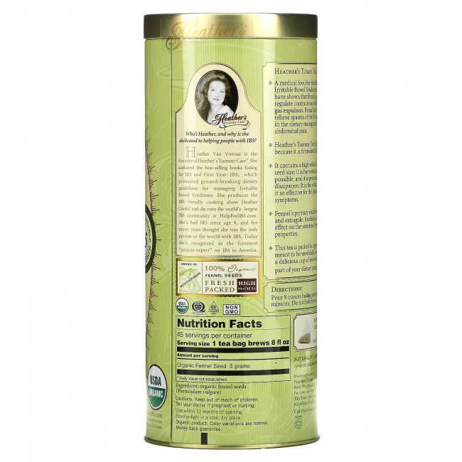 Heather's Tummy Care, Чай от живота, пакетики с натуральным фенхелем, без кофеина, 45 пакетиков, 8.82 унций (250 г)