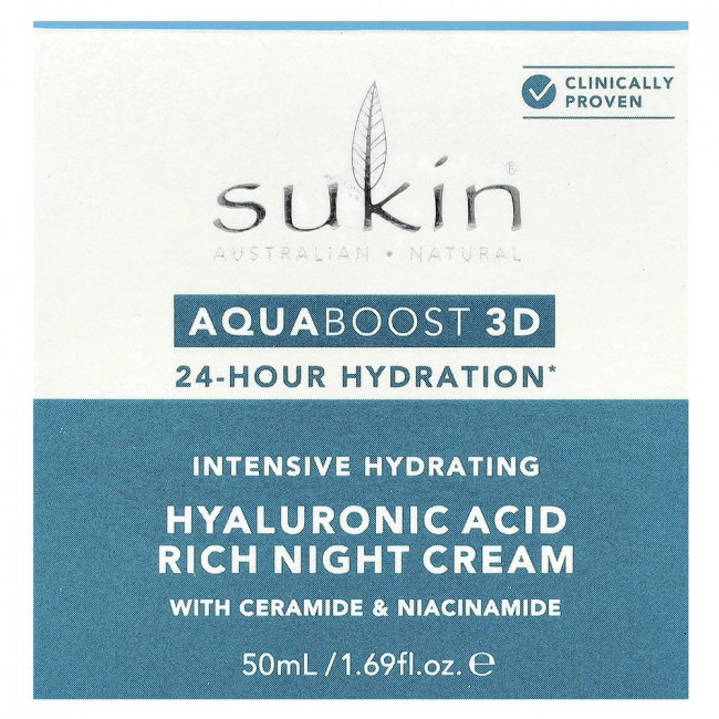 Sukin, AquaBoost 3D, ночной крем с гиалуроновой кислотой, 50 мл (1,69 жидких унций)