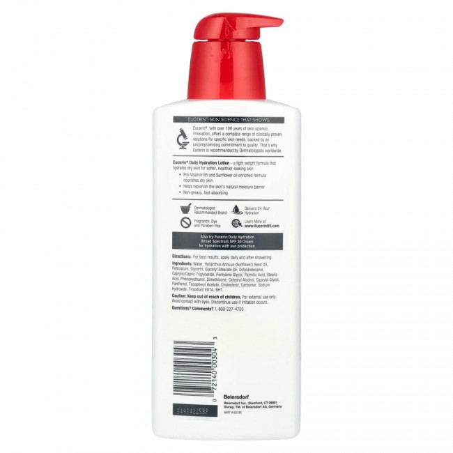 Eucerin, Ежедневное увлажнение, Лосьон, без запаха, 16.9 ж. унций (500 мл) Eucerin, Ежедневное увлажнение, Лосьон, без запаха, 16.9 ж. унций (500 мл)