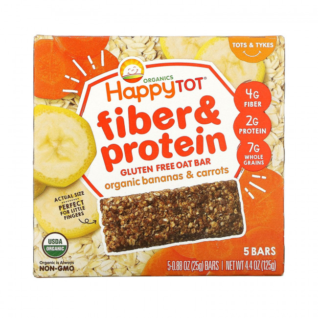 Happy Family Organics, HappyTot, овсяный батончик с клетчаткой и протеином, без глютена, с органическими бананом и морковью, 5 батончиков по 25 г (0,88 унции) Happy Family Organics, HappyTot, овсяный батончик с клетчаткой и протеином, без глютена, с органическими бананом и морковью, 5 батончиков по 25 г (0,88 унции)