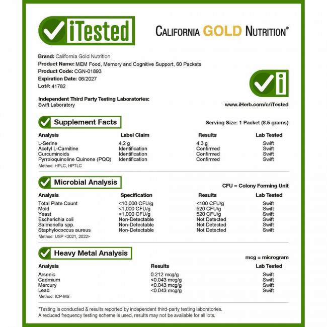 California Gold Nutrition, MEM Food, для поддержки памяти и когнитивных функций, 60 пакетиков по 8,5 г (0,3 унции) каждый