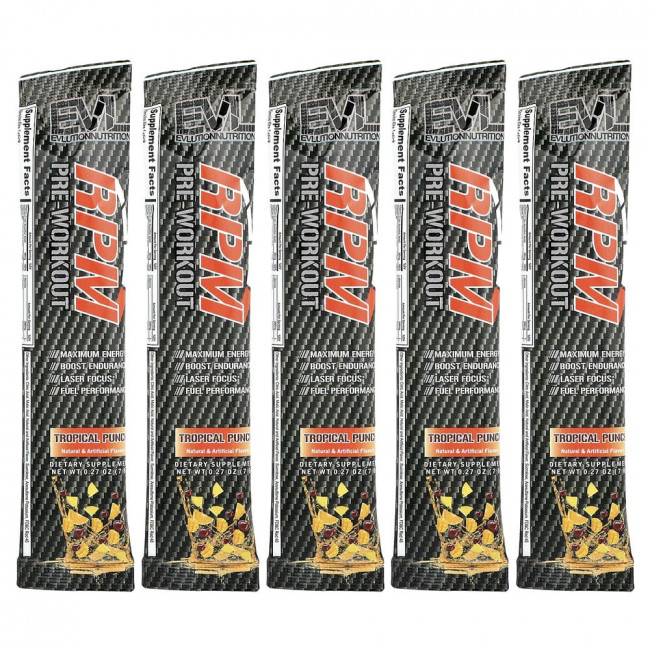 EVLution Nutrition, RPM Pre-Workout, Tropical Punch, 5 упаковок по 7,8 г каждая.