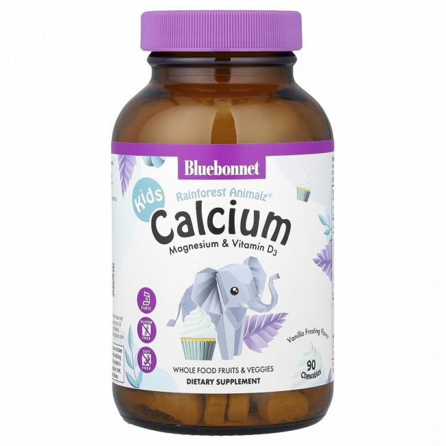 Bluebonnet Nutrition, Rainforest Animalz, кальций, магний и витамин D3 с натуральным ароматизатором со вкусом ванильной глазури, 90 жевательных таблеток в форме животных