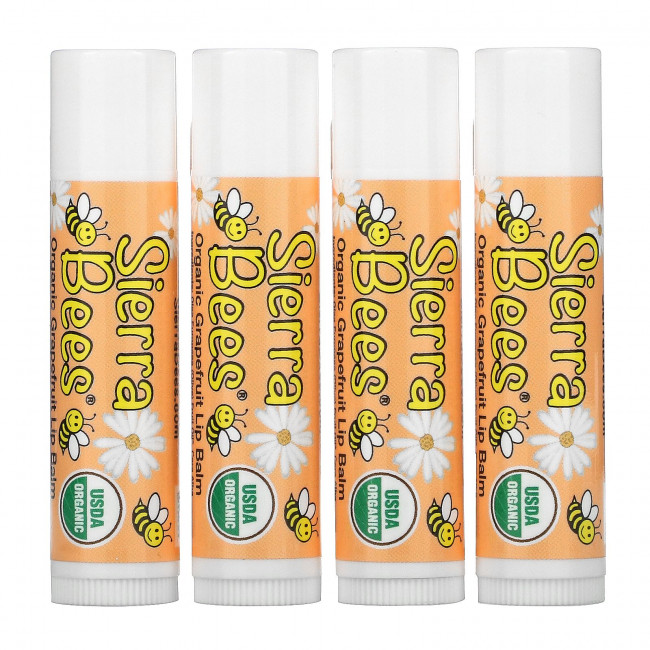 Sierra Bees, Органические бальзамы для губ, грейпфрут, 4 в упаковке, 4,25 г каждый Sierra Bees, Органические бальзамы для губ, грейпфрут, 4 в упаковке, 4,25 г каждый