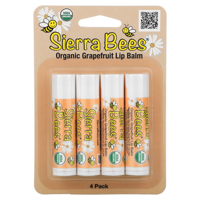 Sierra Bees, Органические бальзамы для губ, грейпфрут, 4 в упаковке, 4,25 г каждый Sierra Bees, Органические бальзамы для губ, грейпфрут, 4 в упаковке, 4,25 г каждый