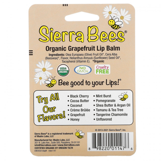 Sierra Bees, Органические бальзамы для губ, грейпфрут, 4 в упаковке, 4,25 г каждый Sierra Bees, Органические бальзамы для губ, грейпфрут, 4 в упаковке, 4,25 г каждый