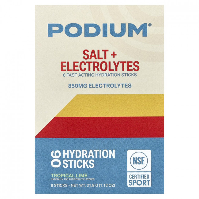 Podium Nutrition, соль + электролиты, увлажняющие стики, тропический лайм, 6 стиков, по 5,3 г каждый.
