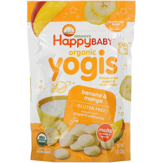 Happy Family Organics, Yogis, органические снеки из сублимированного йогурта с фруктами, банан и манго, 28 г Happy Family Organics, Yogis, органические снеки из сублимированного йогурта с фруктами, банан и манго, 28 г