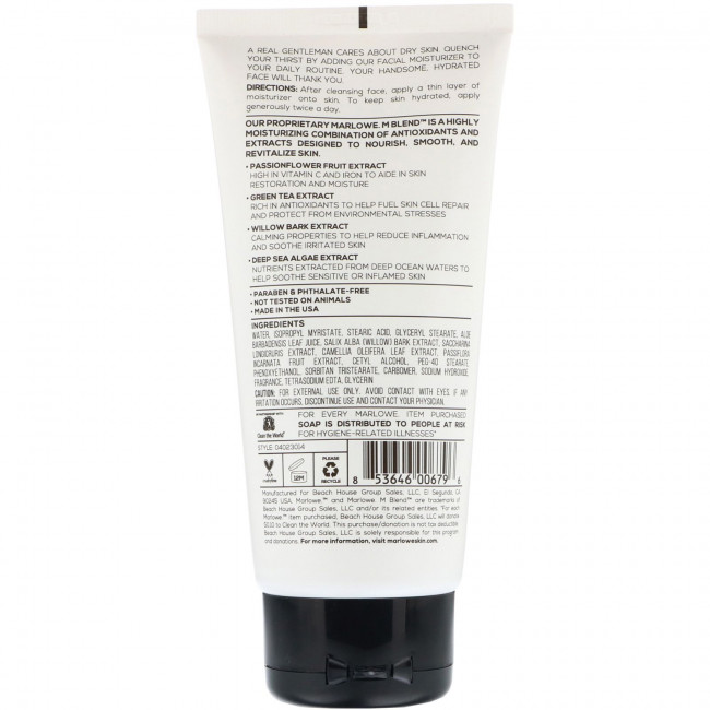 Marlowe, Men's, увлажняющее средство для лица, № 123, 177,4 мл Marlowe, Men's, увлажняющее средство для лица, № 123, 177,4 мл