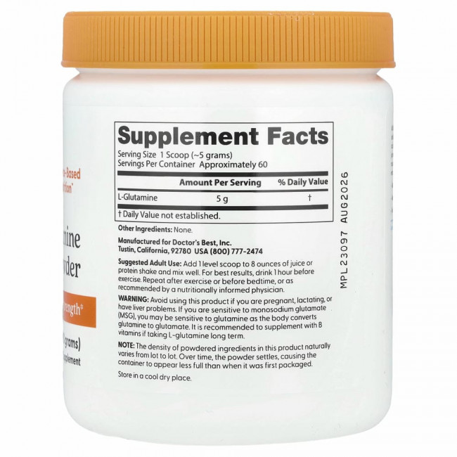 Doctor's Best, чистый L-глютамин в виде порошка, 300 г (10,6 унции)