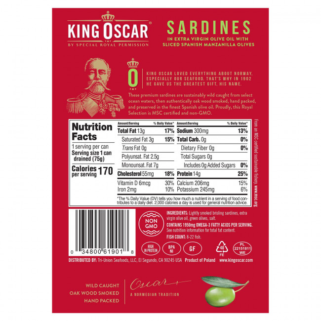 King Oscar, Sardines In Extra Virgin Olive Oil With Sliced Spanish Manzanilla Olives, 3.75 oz ( 106 g)