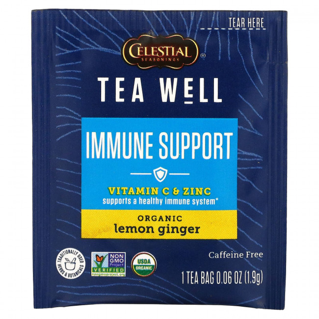 Celestial Seasonings, Поддержка иммунитета, витамин C и цинк, органический лимонный имбирь, без кофеина, 12 чайных пакетиков, по 1,9 г (0,06 унции)