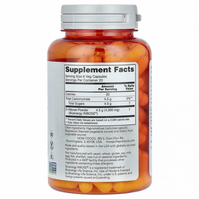 NOW Foods, Sports, D-рибоза, 750 мг, 120 растительных капсул
