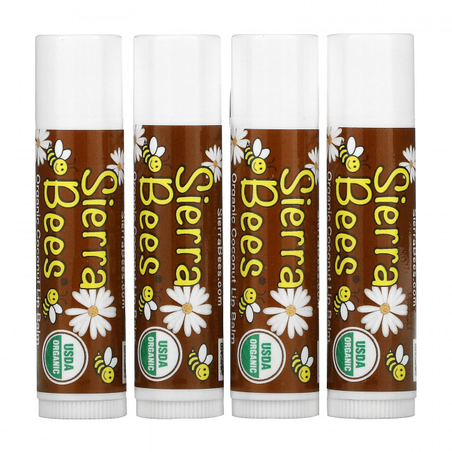 Sierra Bees, Органические бальзамы для губ, кокос, 4 шт. в упаковке, 4,25 г (0,15 унции) каждый Sierra Bees, Органические бальзамы для губ, кокос, 4 шт. в упаковке, 4,25 г (0,15 унции) каждый