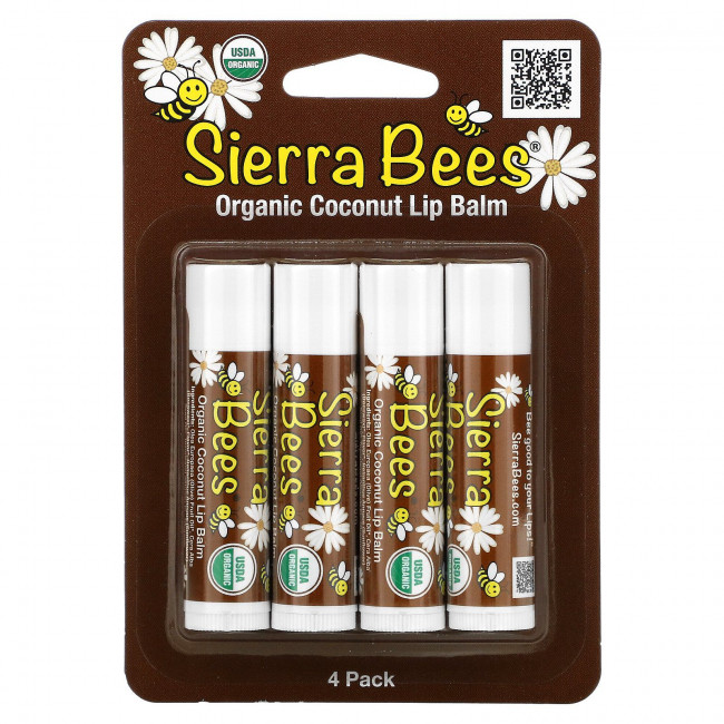 Sierra Bees, Органические бальзамы для губ, кокос, 4 шт. в упаковке, 4,25 г (0,15 унции) каждый Sierra Bees, Органические бальзамы для губ, кокос, 4 шт. в упаковке, 4,25 г (0,15 унции) каждый
