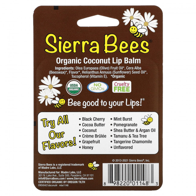 Sierra Bees, Органические бальзамы для губ, кокос, 4 шт. в упаковке, 4,25 г (0,15 унции) каждый Sierra Bees, Органические бальзамы для губ, кокос, 4 шт. в упаковке, 4,25 г (0,15 унции) каждый