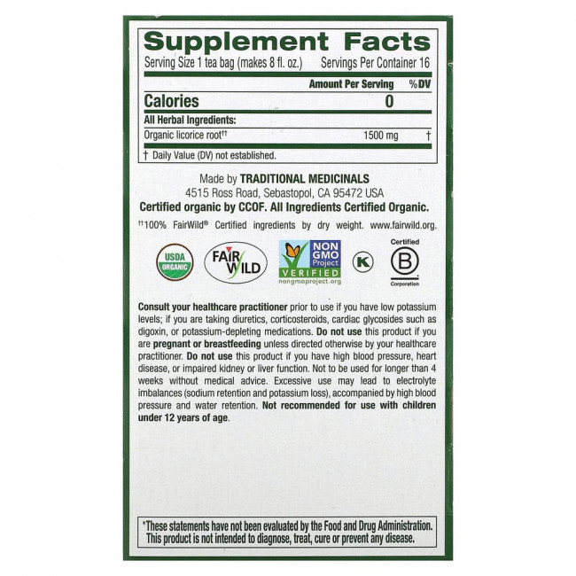 Traditional Medicinals, органический корень солодки, без кофеина, 16 чайных пакетиков, 24 г (0,85 унции)