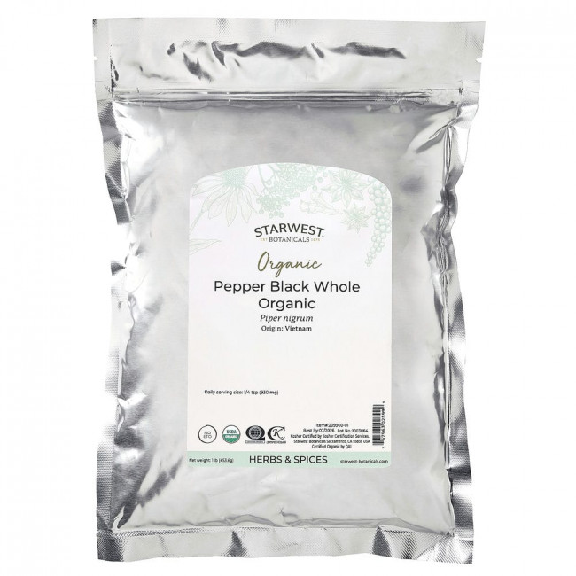 Starwest Botanicals, цельный малабарский черный перец, органический, 453,6 г (1 фунт)