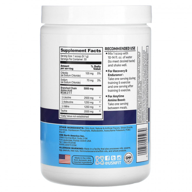 USN, BCAA Amino +, порошок для восстановления и выносливости, голубая малина, 273 г (9,63 унции) USN, BCAA Amino +, порошок для восстановления и выносливости, голубая малина, 273 г (9,63 унции)
