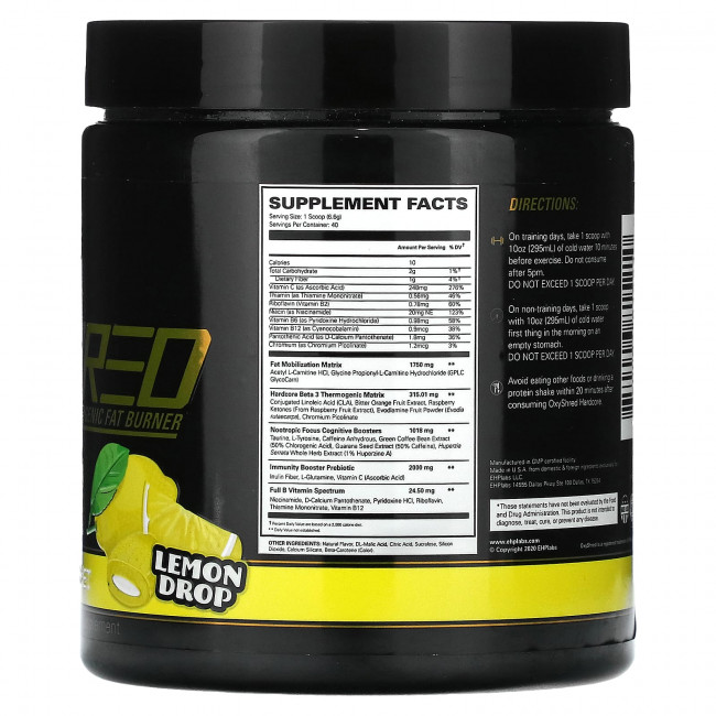 EHPlabs, OxyShred, Hardcore Thermogenic Fat Burner, лимонный щербет, 264 г (9,3 унции) EHPlabs, OxyShred, Hardcore Thermogenic Fat Burner, лимонный щербет, 264 г (9,3 унции)