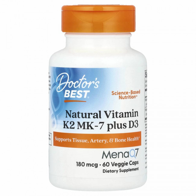 Doctor's Best, натуральный витамин K2 MK-7 с MenaQ7 и витамином D3, 180 мкг, 60 вегетарианских капсул