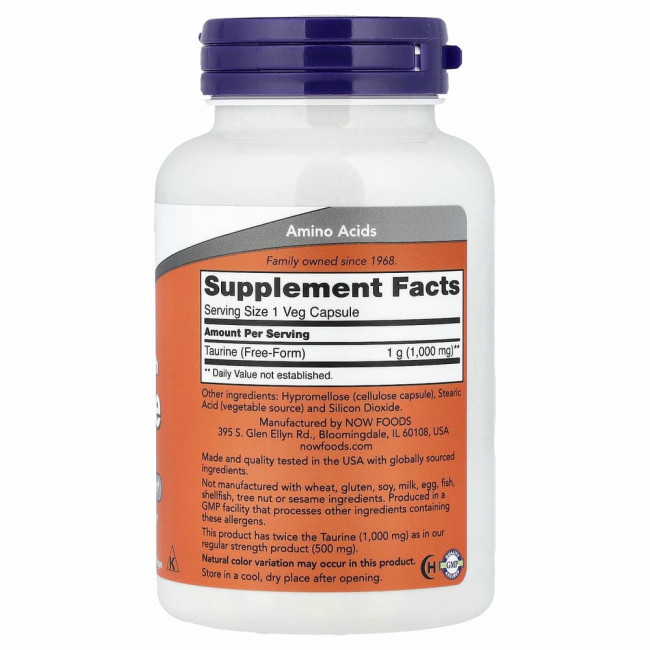 NOW Foods, таурин, двойной концентрации, 1000 мг, 100 растительных капсул