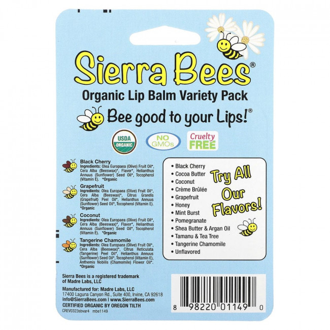 Sierra Bees, набор органических бальзамов для губ, 4 штуки, вес: 4,25 г (0,15 унции) каждый Sierra Bees, набор органических бальзамов для губ, 4 штуки, вес: 4,25 г (0,15 унции) каждый