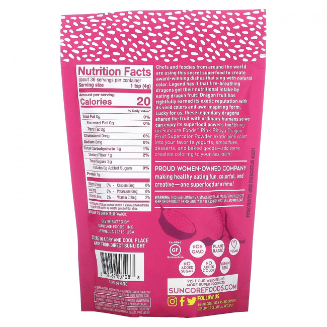 Suncore Foods, Суперцветная пудра с розовой питайей, плод красного дракона, 142 г (5 унций) Suncore Foods, Суперцветная пудра с розовой питайей, плод красного дракона, 142 г (5 унций)