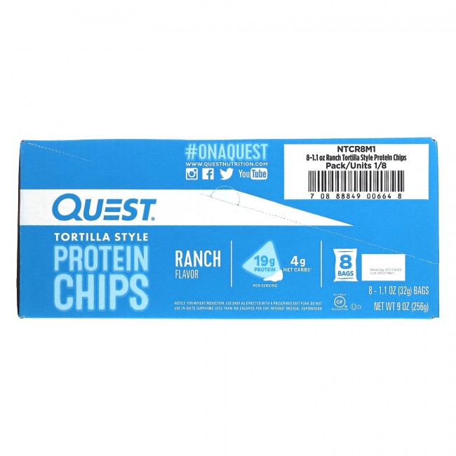 Quest Nutrition, Протеиновые чипсы по-тортильи, ранчо, 8 пакетиков по 32 г (1,1 унции) Quest Nutrition, Протеиновые чипсы по-тортильи, ранчо, 8 пакетиков по 32 г (1,1 унции)