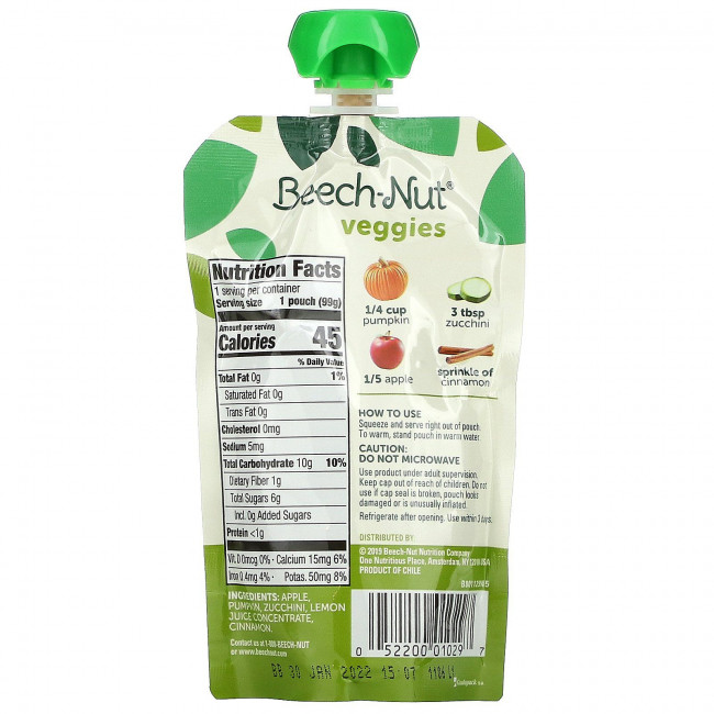 Beech-Nut, Veggies, Stage 2, тыква, цуккини и яблоко, 12 пакетиков по 99 г (3,5 унции)