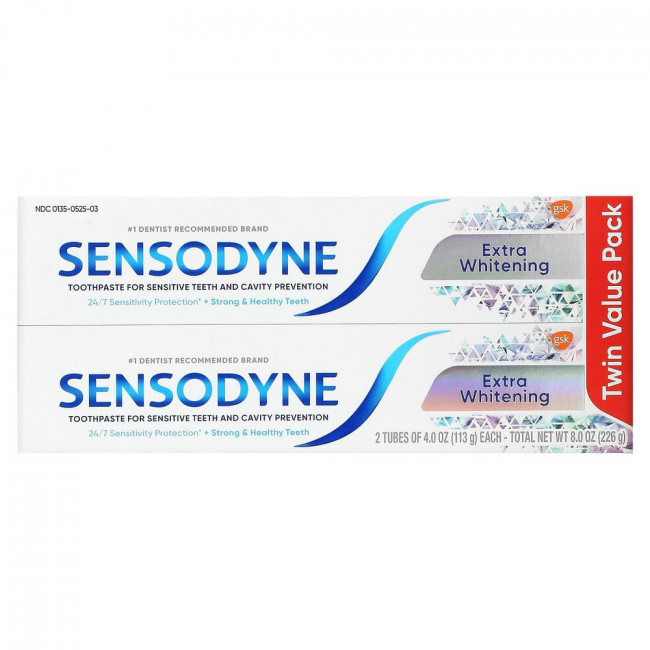 Sensodyne, Отбеливающая зубная паста с фтором, двойная упаковка, 2 тюбика по 113 г (4 унции) Sensodyne, Отбеливающая зубная паста с фтором, двойная упаковка, 2 тюбика по 113 г (4 унции)