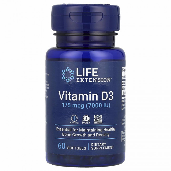 Life Extension, витамин D3, 175 мкг (7000 МЕ), 60 мягких таблеток