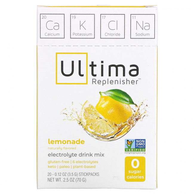 Ultima Replenisher, порошок электролитов со вкусом лимонада, 20 пакетиков, 0,12 унций (3,5 г) Ultima Replenisher, порошок электролитов со вкусом лимонада, 20 пакетиков, 0,12 унций (3,5 г)