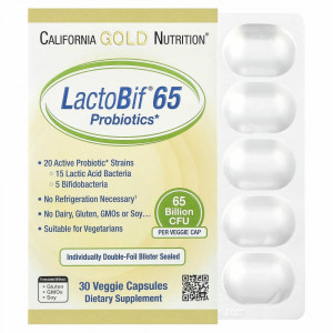 California Gold Nutrition, LactoBif, пробиотики, 65 млрд КОЕ, 30 вегетарианских капсул California Gold Nutrition, LactoBif, пробиотики, 65 млрд КОЕ, 30 вегетарианских капсул