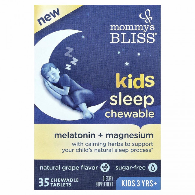 Mommy's Bliss, детские жевательные таблетки для сна, мелатонин + магний, для детей от 3 лет, натуральный виноград, 35 жевательных таблеток Mommy's Bliss, детские жевательные таблетки для сна, мелатонин + магний, для детей от 3 лет, натуральный виноград, 35 жевательных таблеток