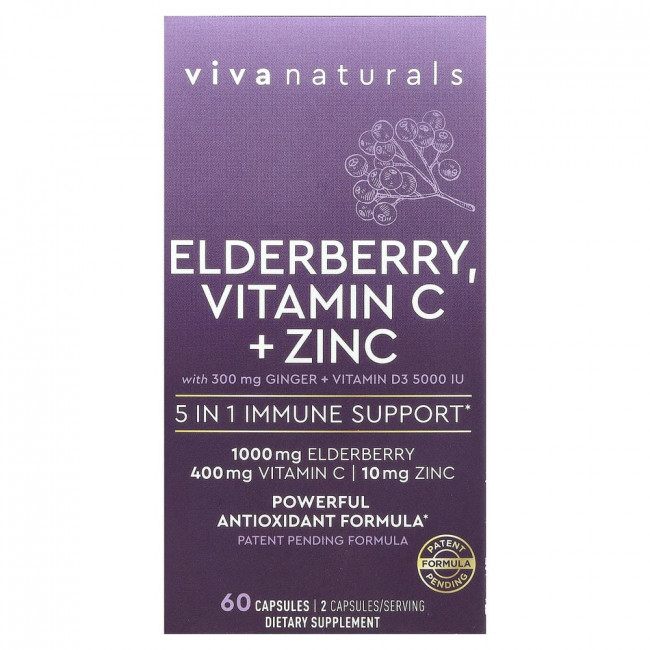 Viva Naturals, бузина, витамин С + цинк с имбирем + витамин D3, 60 капсул Viva Naturals, бузина, витамин С + цинк с имбирем + витамин D3, 60 капсул
