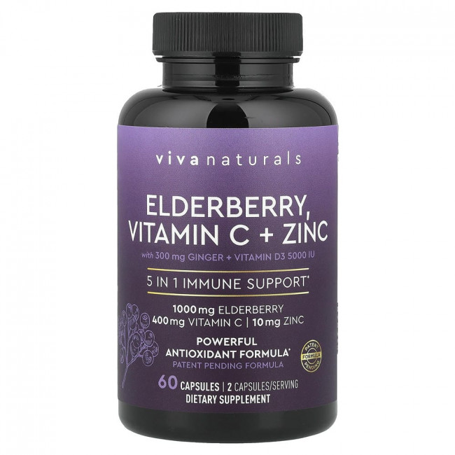 Viva Naturals, бузина, витамин С + цинк с имбирем + витамин D3, 60 капсул Viva Naturals, бузина, витамин С + цинк с имбирем + витамин D3, 60 капсул
