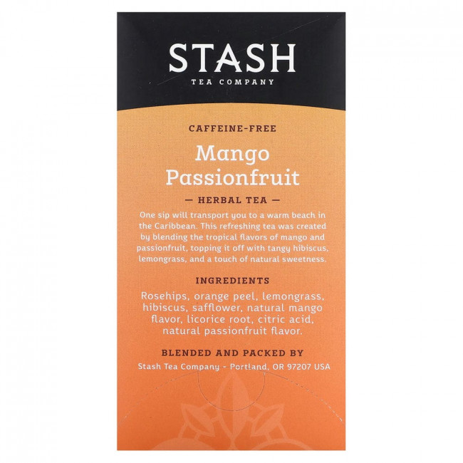 Stash Tea, Herbal Tea, Mango Passionfruit, Caffeine Free, 20 Tea Bags, 1.3 oz (38 g)