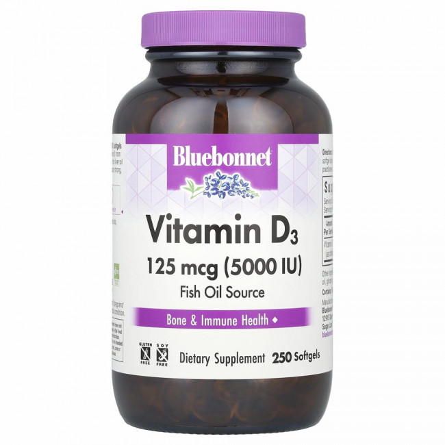 Bluebonnet Nutrition, витамин D3, 125 мкг (5000 МЕ), 250 капсул