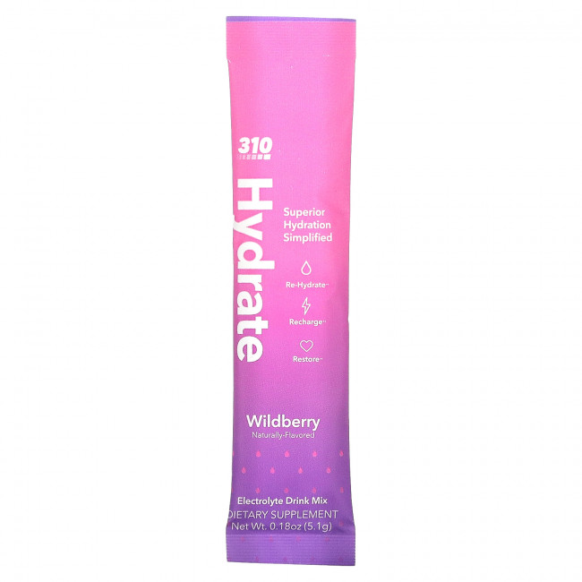 310 Nutrition, Hydrate, смесь для приготовления электролитов, лесная ягода, 30 стиков по 5,1 г (0,18 унции)