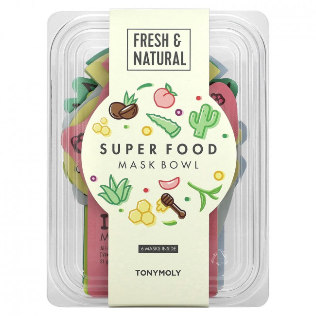 Набор для приготовления косметических масок TonyMoly Super Food Beauty Mask Bowl Set, 6 листов, по 21 г каждый.