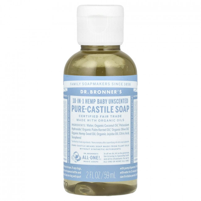 Детское мыло Dr. Bronner's 18-в-1 из чистого кастильского конопляного масла, без запаха, 59 мл (2 жидких унции) (снято с производства)