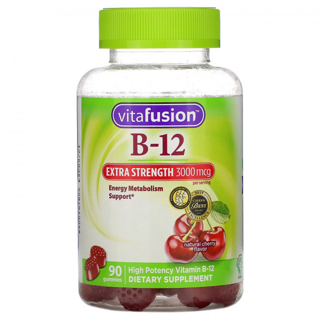 VitaFusion, Extra Strength B-12, Натуральный вишневый вкус, 1,500 мкг, 90 жевательных таблеток VitaFusion, Extra Strength B-12, Натуральный вишневый вкус, 1,500 мкг, 90 жевательных таблеток